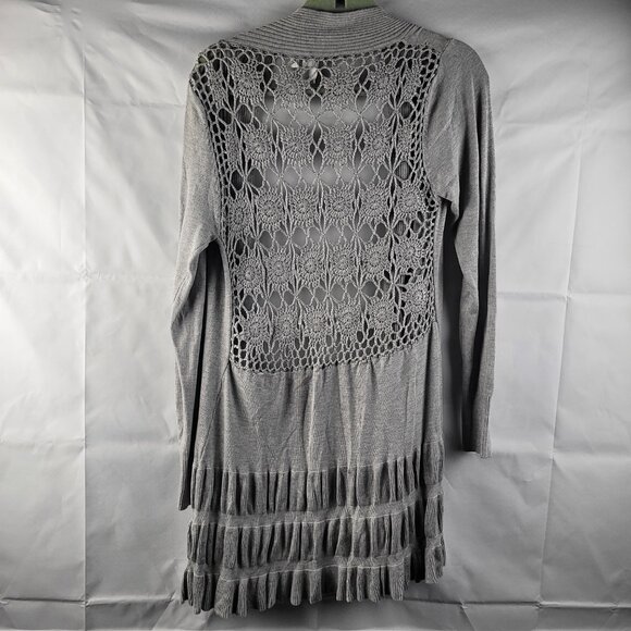 Vila Milano Cardigan Womens L Grey Crochet Back Ruffle Hem Sweater Grannycore - Picture 4 of 4